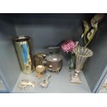 A selection of brass wares and similar including model lobster and chamber stick