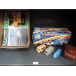 A Chinese tin plate friction driven Space Patrol MF 742 in original box, three Dinky & Corgi diecast