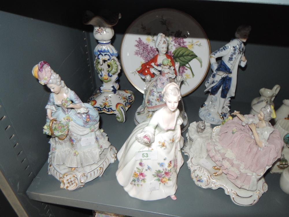 A selection of figurines including Dresden style lace ladies, Royal Doulton 'diana' etc