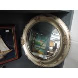 A nautical theme display case, hunting print and oil on board