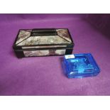 A trinket box with Mother of pearl inlay and a etched blue glass trinket box