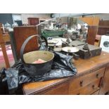 A brass jam pan, kitchen scales , last etc