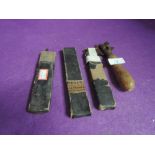 Three boxed cut throat razers and a vintage treen handled tin opener