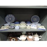 A large collection of Wedgwood Jasperware in blue and green