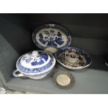 A selection of blue and white tableware and a metal pin dish with mother of pearl base