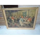 A gilt framed print, medieval banquet scene