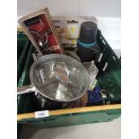 Two boxes of kitchen wares and utensils