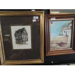 A selection of original artworks including watercolour of Tudor house