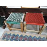 Two 1950's design kitchen stools with woven green and red tops