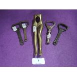 A set of ladies thigh nut crackers and selection of bottle openers