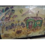 A raised rlief oil on board of gypsy travellers caravan