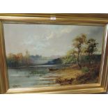 An oil painting, W Byron, Fisherman on lake, indistinctly signed, 18.5in x 28.5in