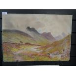 A watercolour, S E Hall, mountain stream, signed, 14in x 21in