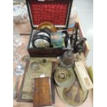 A selection of hardwares and similar including bronze bell and ceramic paste lids etc