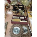 A set of vintage cast kitchen scales with brass bowls etc