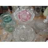 A selection of fine glass wares including art glass fish and cut cranberry dish