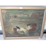 An antique oil on canvas depicting baby in flood with black cat possibly witchcraft or occult