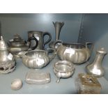 A selection of pewter wares including Kandall and Wright teapot