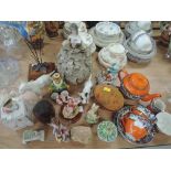 A good selection of ceramics including Meissen style figure, lady shell lamp shade and tea service