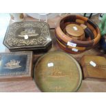 A selection of treen wood items including inlaid trinket boxes