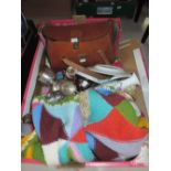 A box of ceramics, plated ware and leather handbag