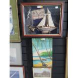 A nautical theme display case, hunting print and oil on board