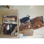 A selection of ladies 1970s shoes, one pair still in box, and a range of handbags from various