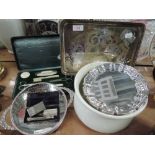 A selection of dressing table items including trays and manicure set