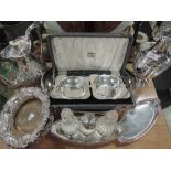 A selection of silver plated items including oval gallery tray, coffee pot, tea pot, pair of wine