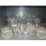 A selection of clear cut crystal glass ware including etched dog goblet marked Cumbria 75