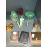 A selection of Dressing table items including green enamel backed brush and mirror set