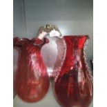 Two cranberry vase including Dartington and Arthur Court shell dish