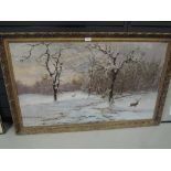 A large oil on canvas depicting stag in snow