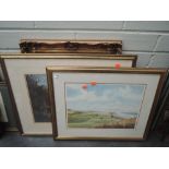Two golf related prints and gilt and plaster frame