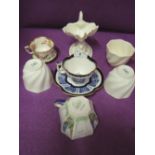 A selection of fine ceramics including Royal Worcester dolphin salt dish and Coal port cobalt and