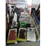 A selection of modern electronic devices and accessories including Atari flashback and Drone