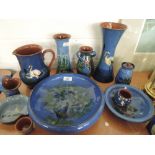 A selection of blue glaze Cornish ceramics including fruit bowl and vase