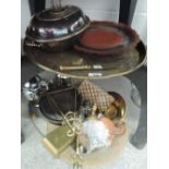 A selection of brass and similar metal wares including Indian tray