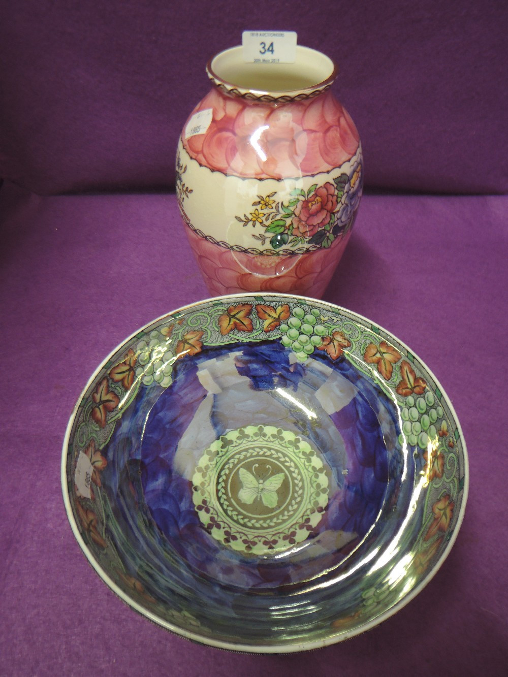 Two pieces of Maling ware including lustre vase and fruit bowl