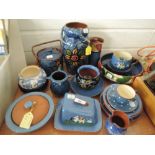 A selection of Cornish and similar ceramics with blue glaze including Widecombe fair