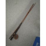 An antique bamboo fishing rod and reel