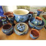 A selection of motto ware ceramics from Torquay with blue glaze and Kingfisher design