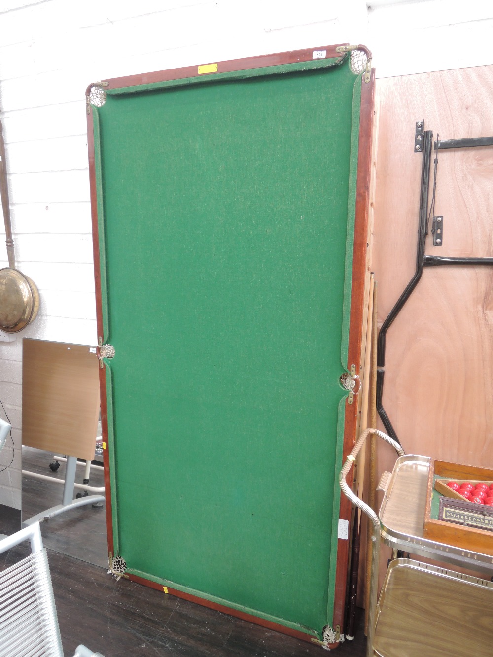 A vintage (half or quarter size) snooker table and accessories