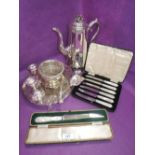 A small selection of silver plate including coffee pot, tray, wine coaster, pair of HM silver candle