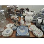 A selection of ceramics including twin handle vase and Wedgwood