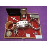A small selection of jewellery including cufflinks, cameo ring, sports medal, hinged HM silver