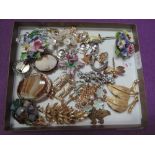 A selection of costume jewellery brooches of various forms including ceramic, enamelled, cameo etc