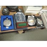 A selection of golf related memorabilia including hip flasks