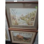 Two watercolours depicting still life and landscape