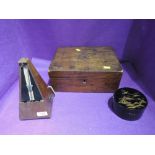 A treen jewellery box an antique metronome by Paquet and lacquer box